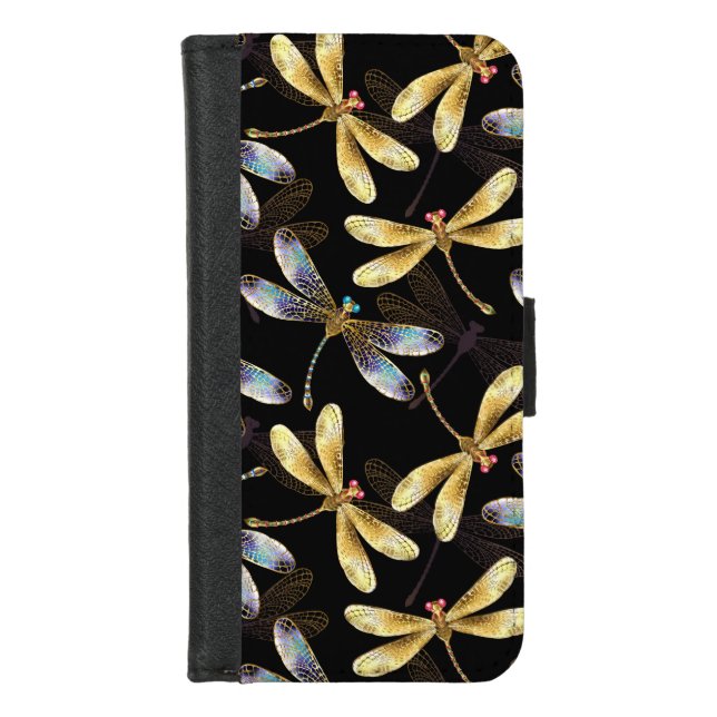 Seamless Pattern with Golden Dragonflies iPhone Wallet Case (Front)