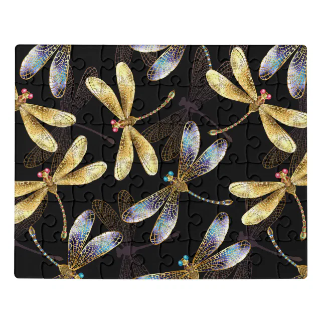 Seamless Pattern with Golden Dragonflies Jigsaw Puzzle | Zazzle