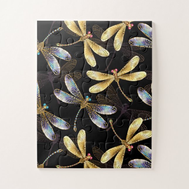 Seamless Pattern with Golden Dragonflies Jigsaw Puzzle (Vertical)