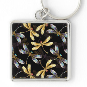 Seamless Pattern with Golden Dragonflies Keychain