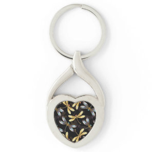 Seamless Pattern with Golden Dragonflies Keychain