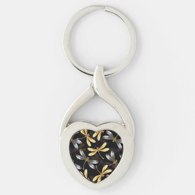 Seamless Pattern with Golden Dragonflies Keychain (Front)