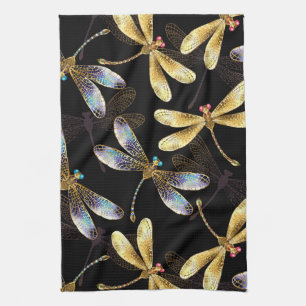 Seamless Pattern with Golden Dragonflies Kitchen Towel