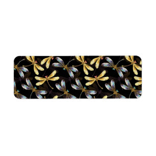 Seamless Pattern with Golden Dragonflies Label