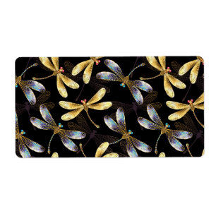 Seamless Pattern with Golden Dragonflies Label