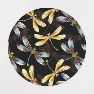 Seamless Pattern with Golden Dragonflies Labels