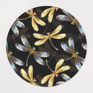 Seamless Pattern with Golden Dragonflies Labels