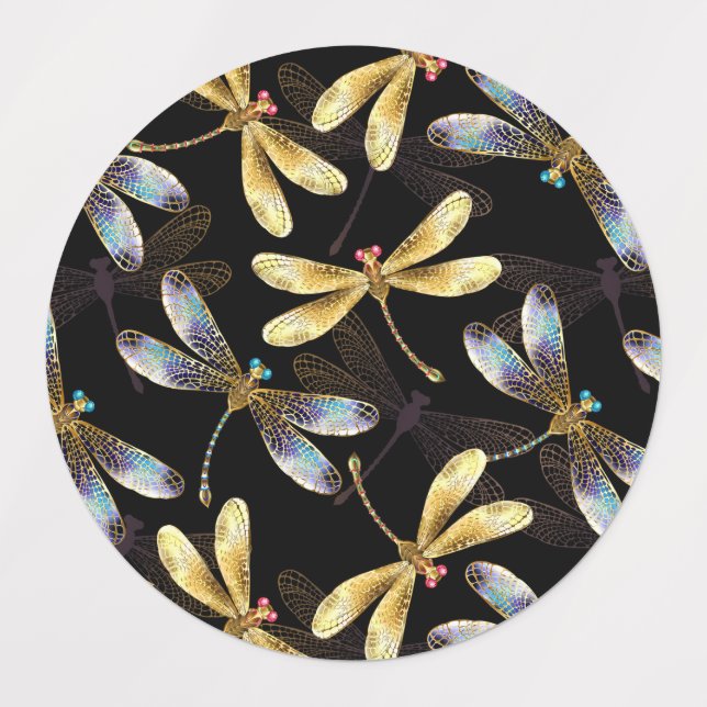 Seamless Pattern with Golden Dragonflies Labels (Design 2)