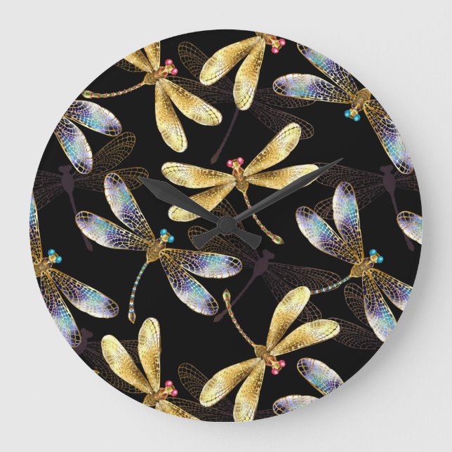 Seamless Pattern with Golden Dragonflies Large Clock (Front)