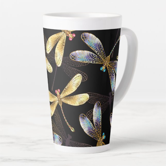 Seamless Pattern with Golden Dragonflies Latte Mug (Right Angle)