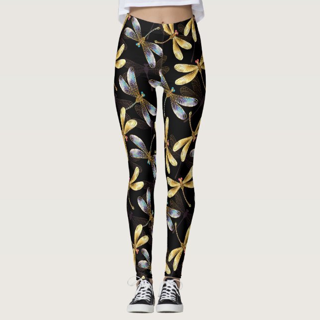 Seamless Pattern with Golden Dragonflies Leggings (Front)