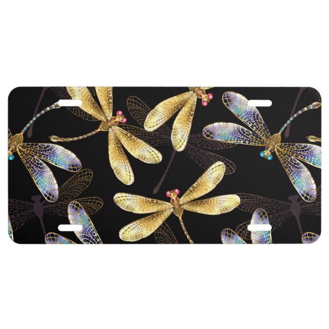 Seamless Pattern with Golden Dragonflies License Plate (Front)