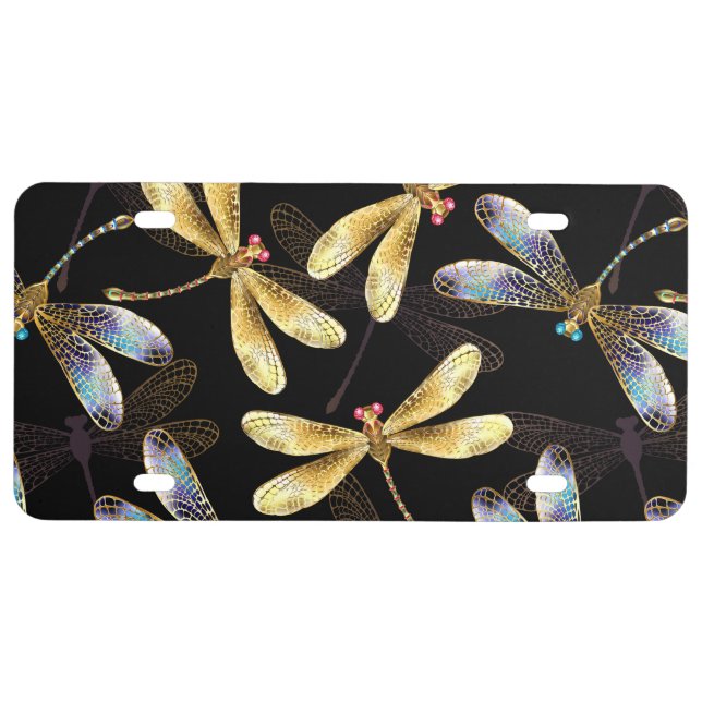 Seamless Pattern with Golden Dragonflies License Plate (Front)