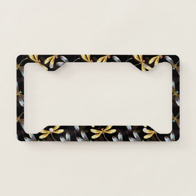Seamless Pattern with Golden Dragonflies License Plate Frame (Front)