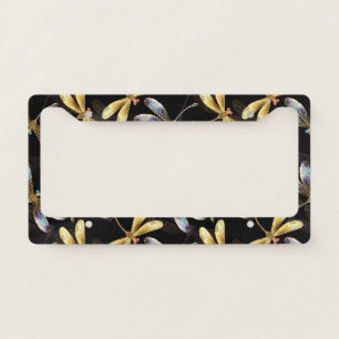 Seamless Pattern with Golden Dragonflies License Plate Frame