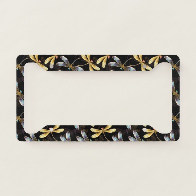 Seamless Pattern with Golden Dragonflies License Plate Frame (Front)