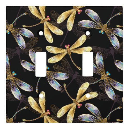 Seamless Pattern with Golden Dragonflies Light Switch Cover