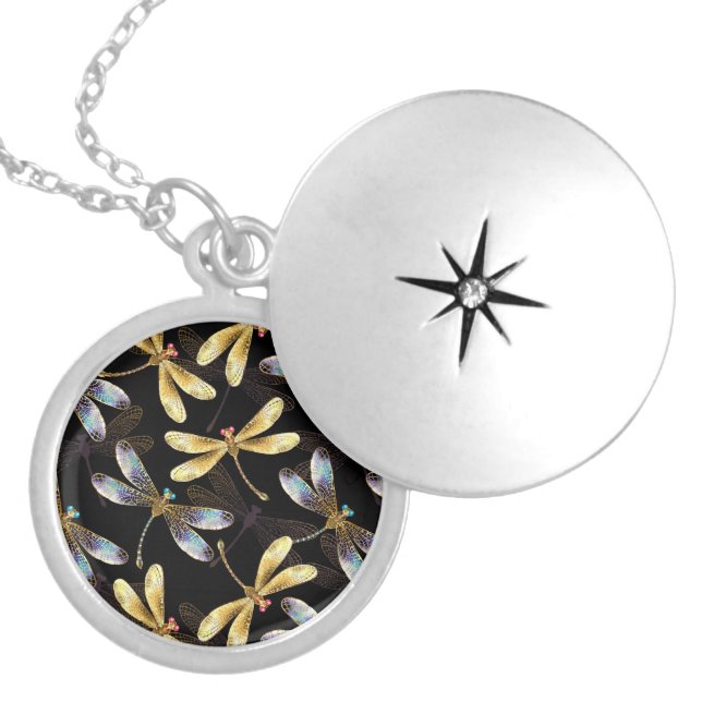 Seamless Pattern with Golden Dragonflies Locket Necklace (Front)