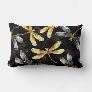 Seamless Pattern with Golden Dragonflies Lumbar Pillow