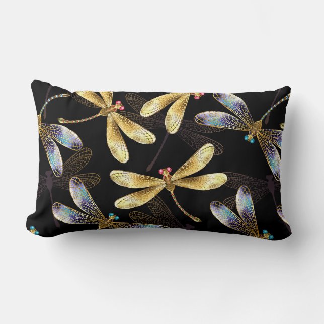 Seamless Pattern with Golden Dragonflies Lumbar Pillow (Front)