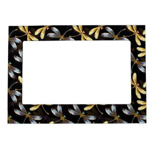 Seamless Pattern with Golden Dragonflies Magnetic Frame