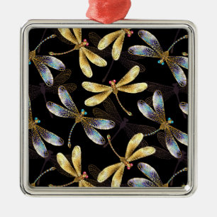 Seamless Pattern with Golden Dragonflies Metal Ornament