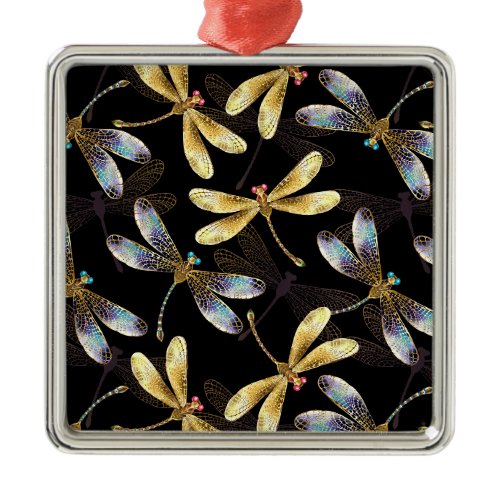Seamless Pattern with Golden Dragonflies Metal Ornament