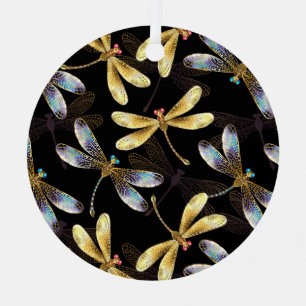 Seamless Pattern with Golden Dragonflies Metal Ornament