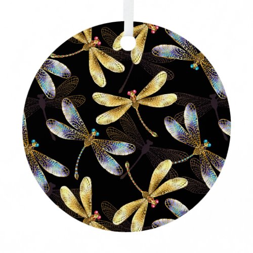 Seamless Pattern with Golden Dragonflies Metal Ornament