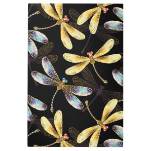 Seamless Pattern with Golden Dragonflies Metal Print