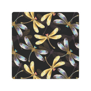 Seamless Pattern with Golden Dragonflies Metal Print