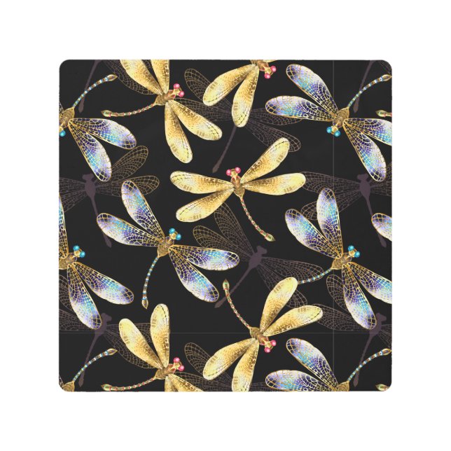 Seamless Pattern with Golden Dragonflies Metal Print (Front)