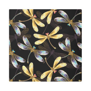 Seamless Pattern with Golden Dragonflies Metal Print