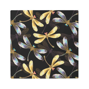 Seamless Pattern with Golden Dragonflies Metal Print