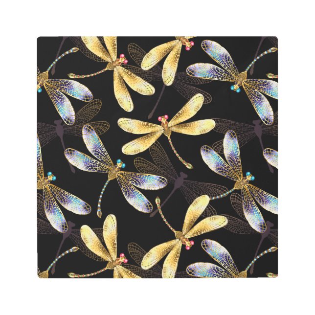 Seamless Pattern with Golden Dragonflies Metal Print (Front)