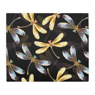 Seamless Pattern with Golden Dragonflies Metal Print