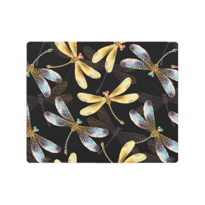 Seamless Pattern with Golden Dragonflies Metal Print