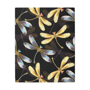 Seamless Pattern with Golden Dragonflies Metal Print