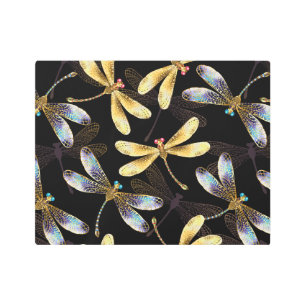 Seamless Pattern with Golden Dragonflies Metal Print