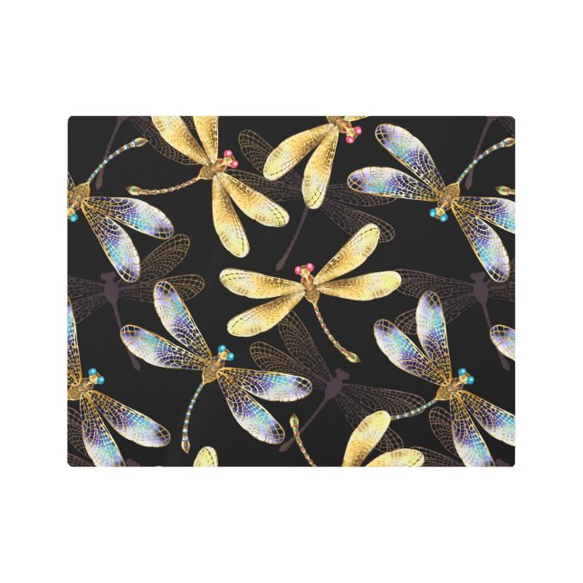 Seamless Pattern with Golden Dragonflies Metal Print (Front)
