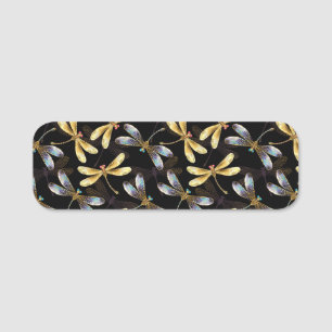 Seamless Pattern with Golden Dragonflies Name Tag
