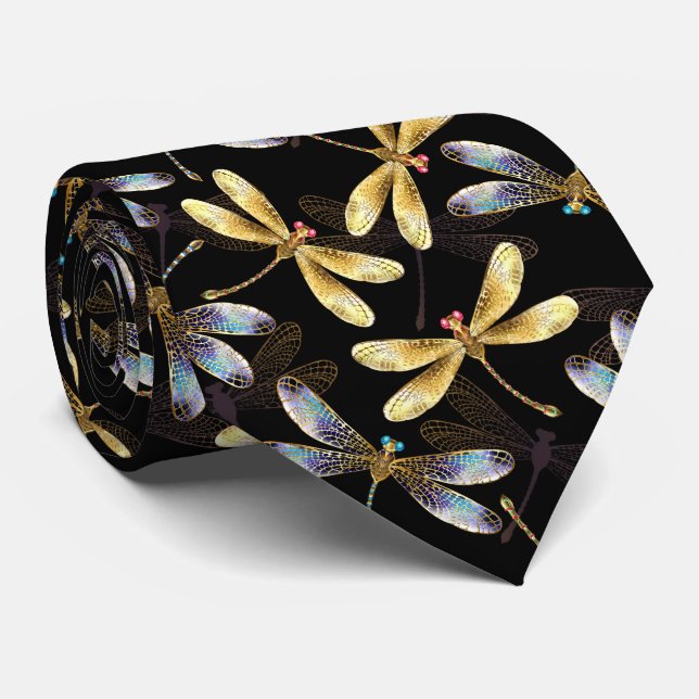 Seamless Pattern with Golden Dragonflies Neck Tie (Rolled)