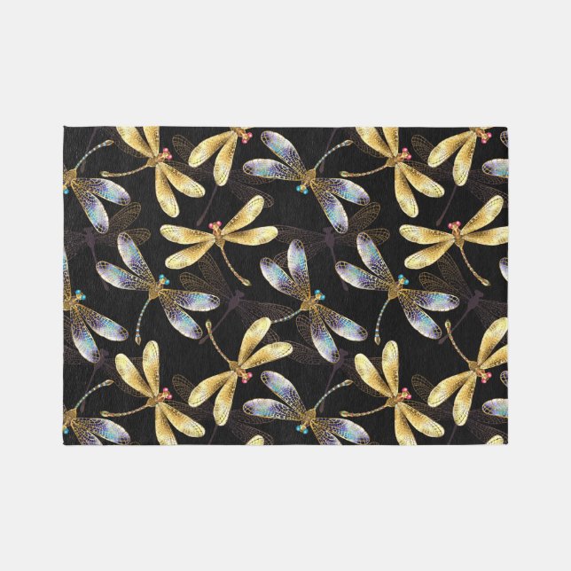 Seamless Pattern with Golden Dragonflies Outdoor Rug (Front)
