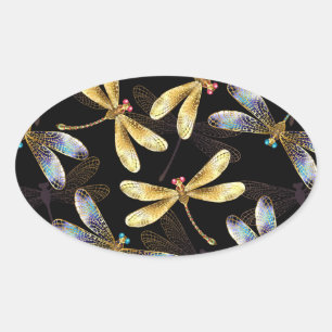 Seamless Pattern with Golden Dragonflies Oval Sticker