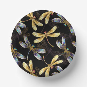 Seamless Pattern with Golden Dragonflies Paper Bowls