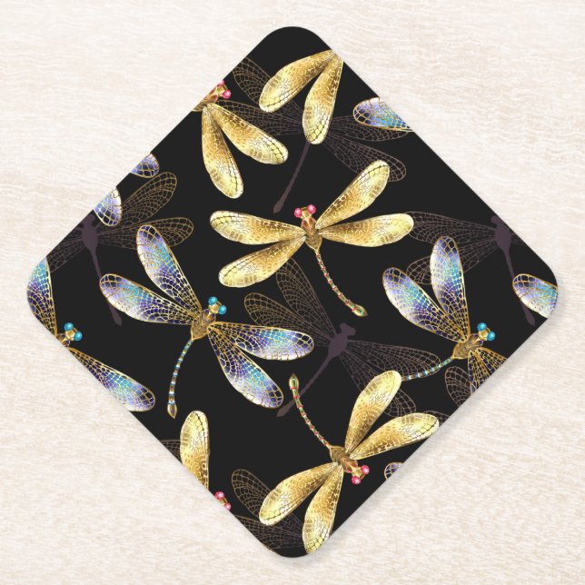 Seamless Pattern with Golden Dragonflies Paper Coaster (Front)