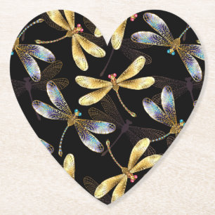 Seamless Pattern with Golden Dragonflies Paper Coaster