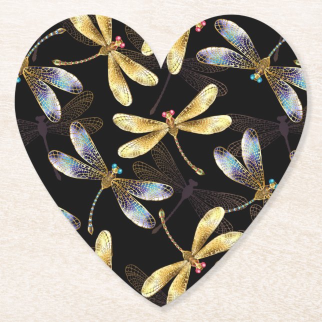 Seamless Pattern with Golden Dragonflies Paper Coaster (Front)