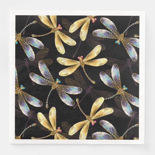 Seamless Pattern with Golden Dragonflies Paper Dinner Napkins