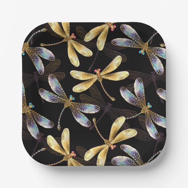Seamless Pattern with Golden Dragonflies Paper Plates (Front)
